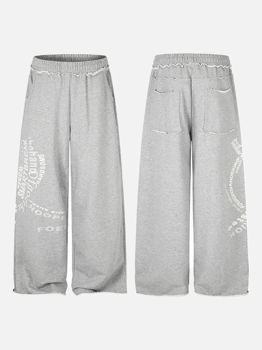 Distressed Grey Wide-Leg Graphic Sweatpants