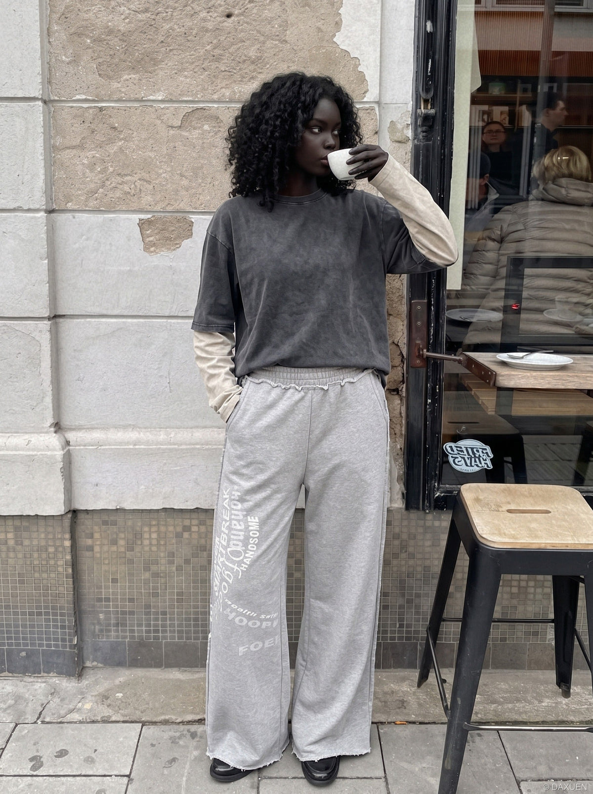 Distressed Grey Wide-Leg Graphic Sweatpants