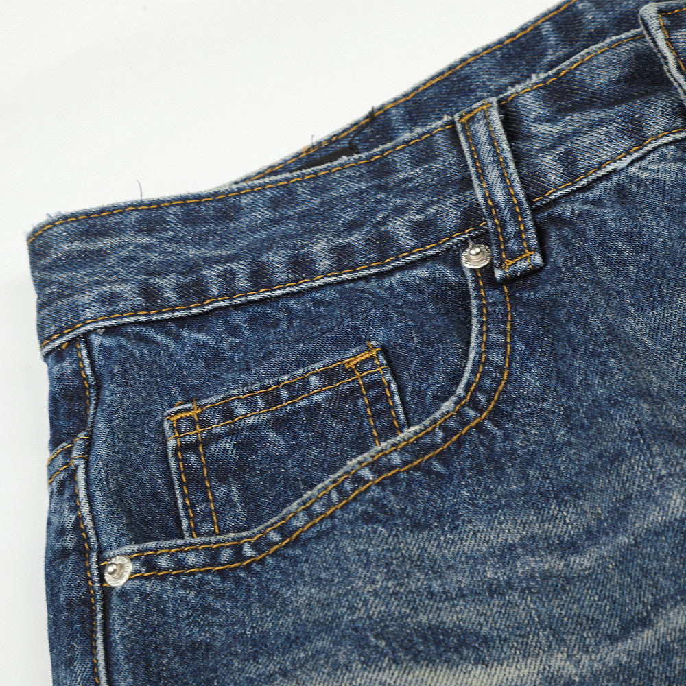 Distressed Medium Blue Wide-Leg Jeans