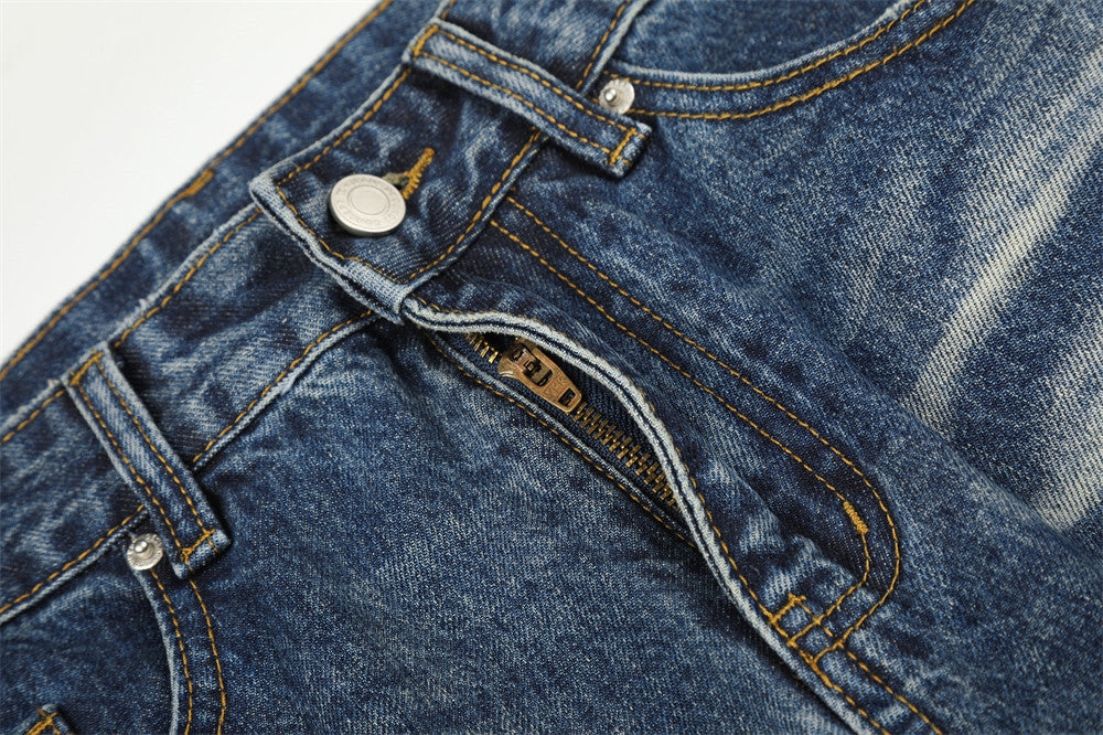 Distressed Medium Blue Wide-Leg Jeans