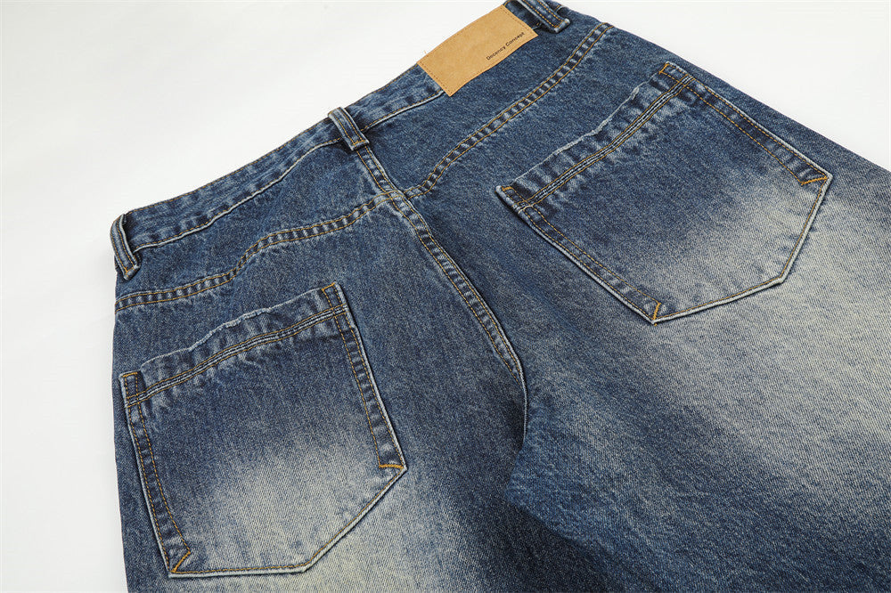 Distressed Medium Blue Wide-Leg Jeans