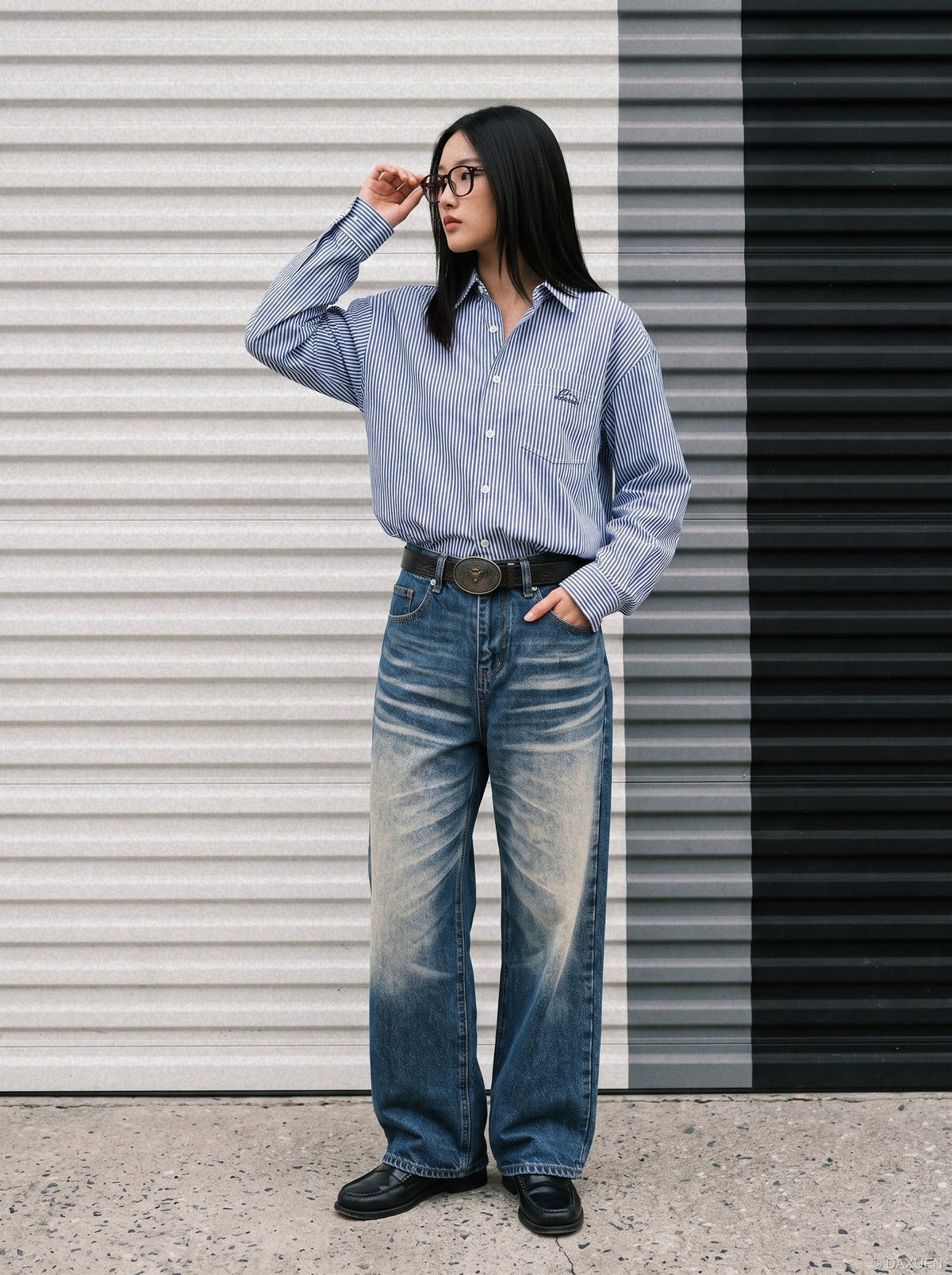 Distressed Medium Blue Wide-Leg Jeans