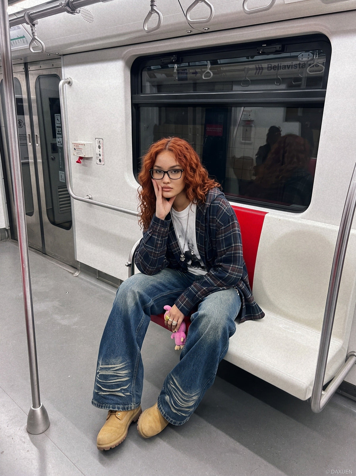 DAXUEN medium wash distressed wide-leg jeans with studs — model photo