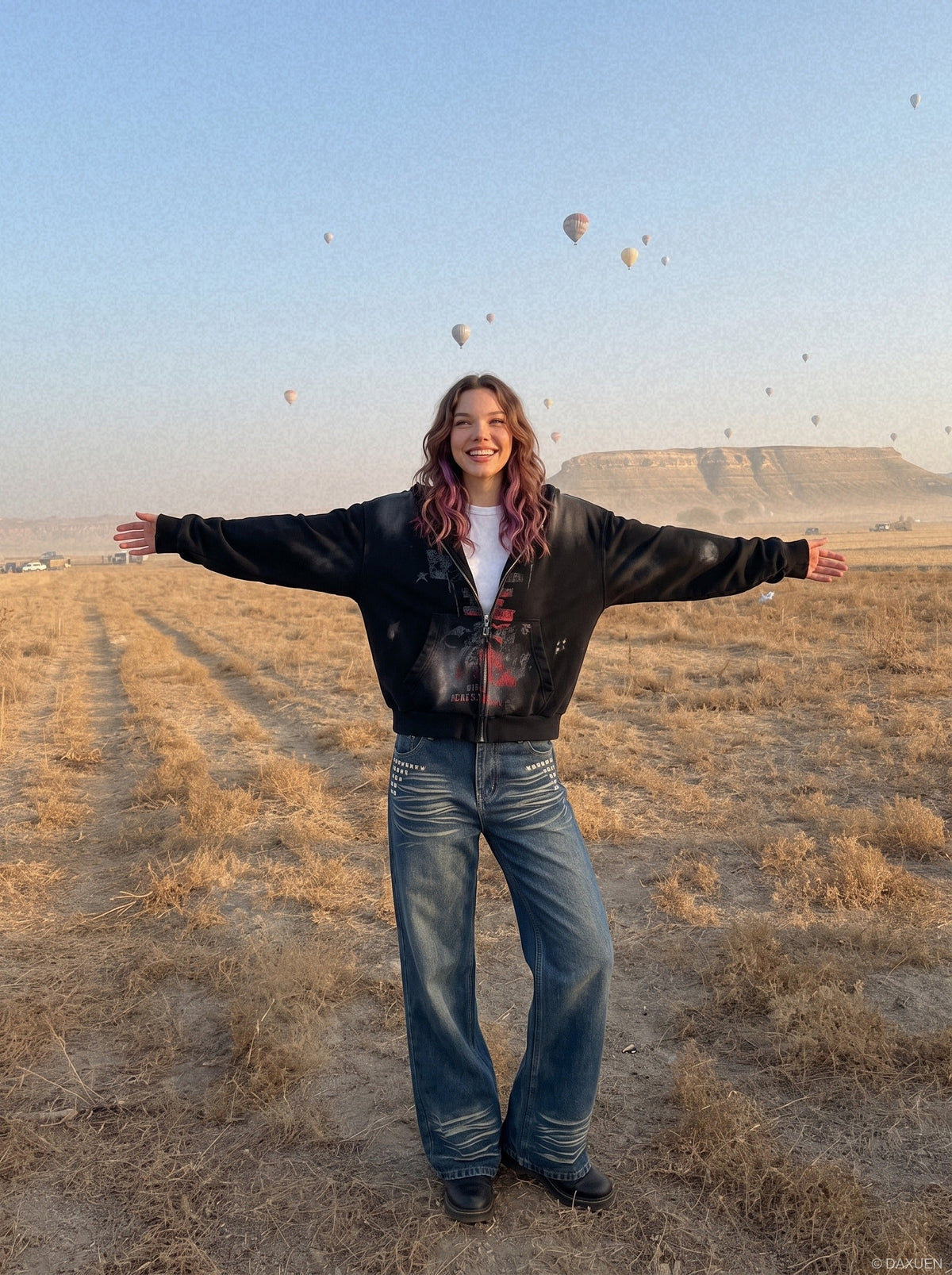 DAXUEN medium wash distressed wide-leg jeans with studs — model photo