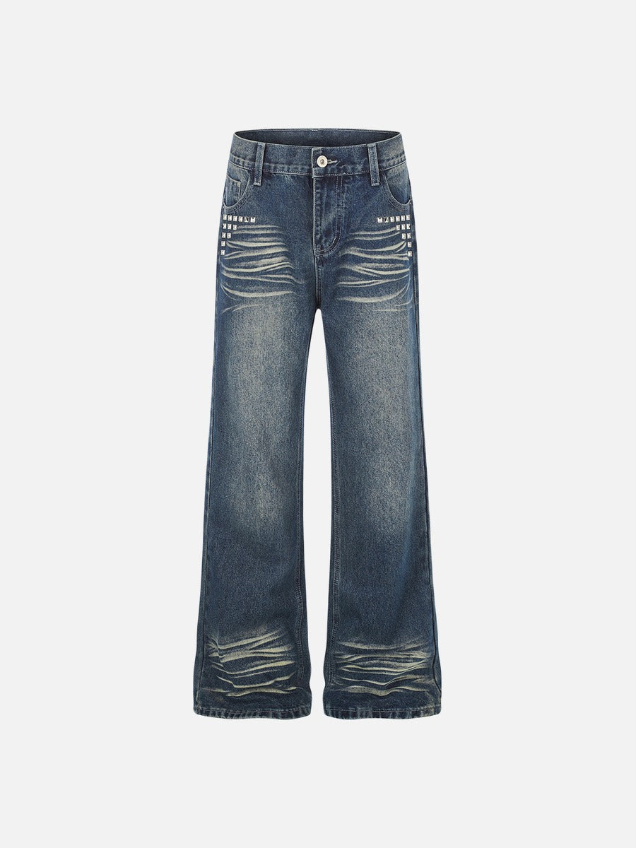 DAXUEN medium wash distressed wide-leg jeans with studs