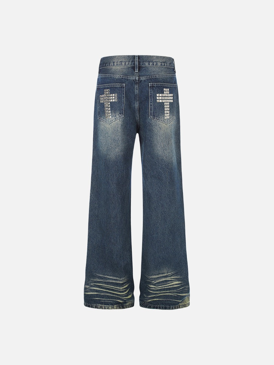 DAXUEN medium wash distressed wide-leg jeans with studs