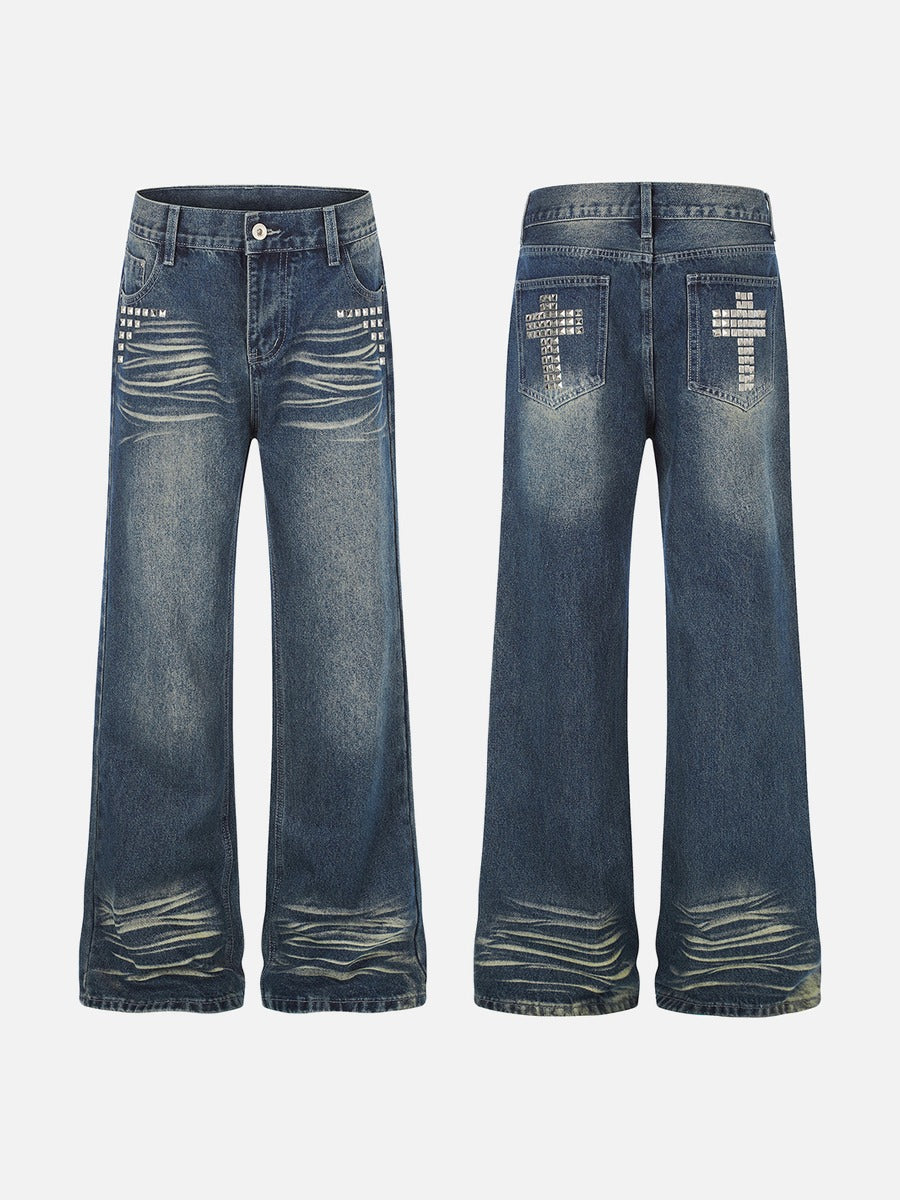 DAXUEN medium wash distressed wide-leg jeans with studs