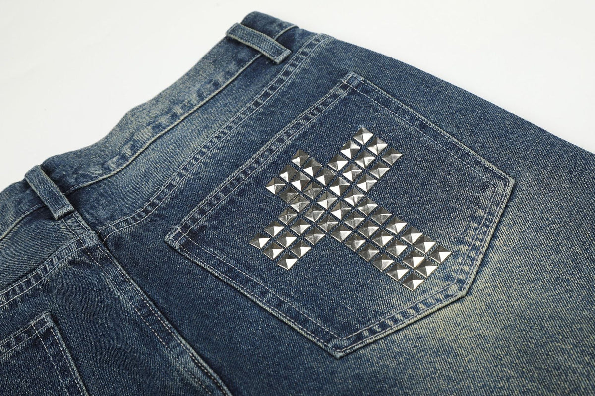 DAXUEN medium wash distressed wide-leg jeans with studs