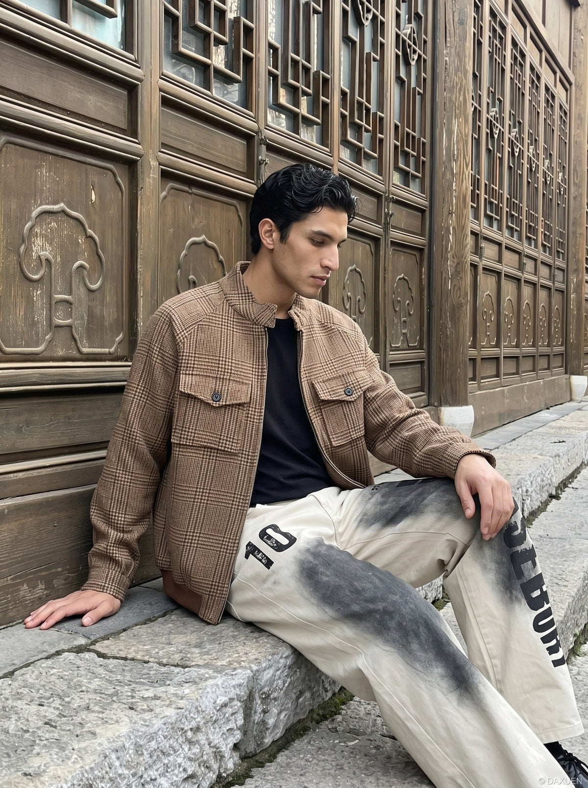 DAXUEN light beige distressed number 10 wide-leg pants — model photo