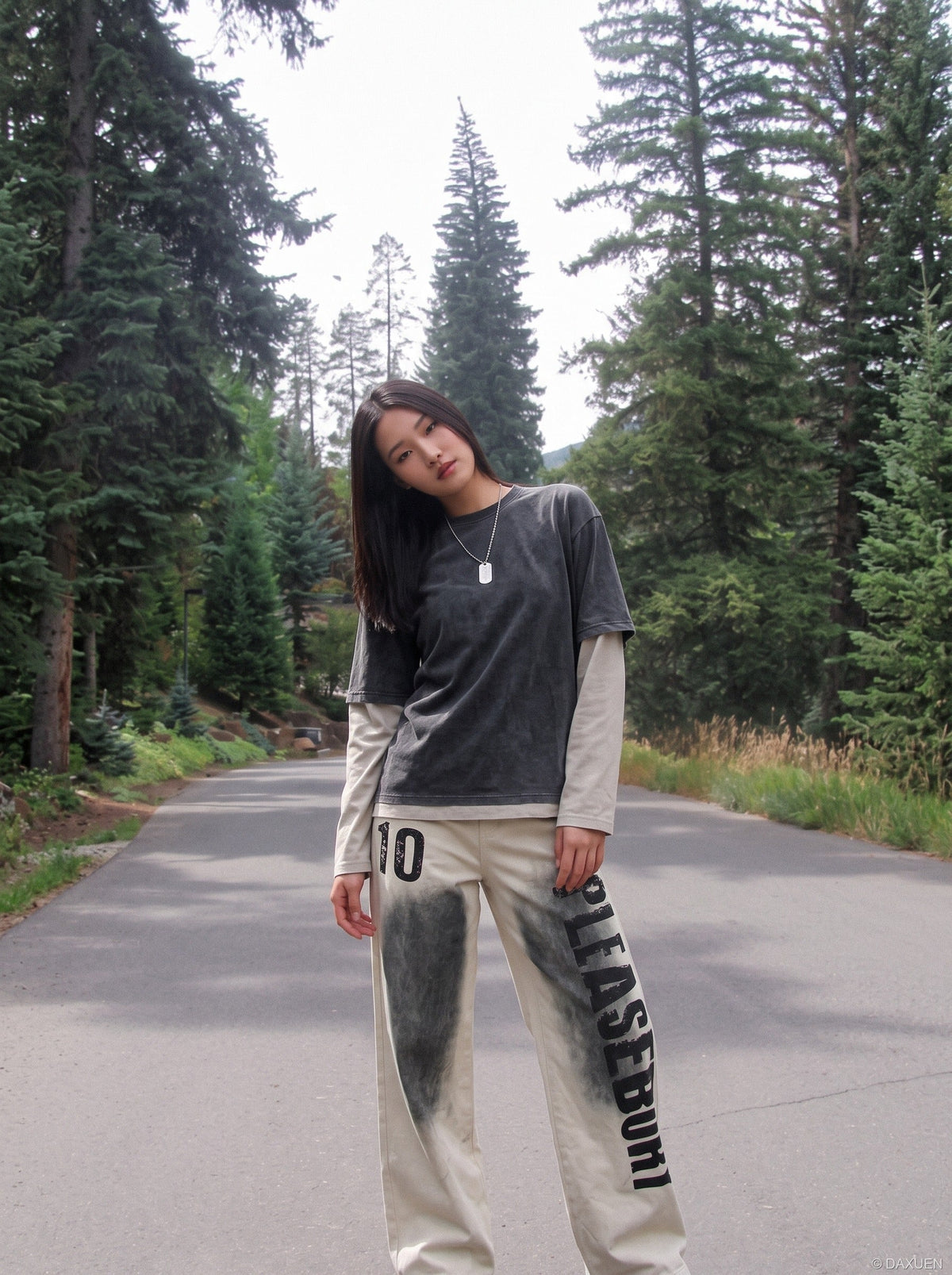 DAXUEN light beige distressed number 10 wide-leg pants — model photo
