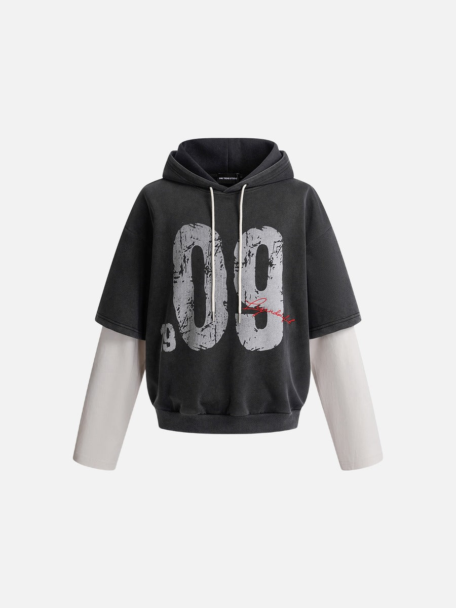Distressed Number Graphic Layered Hoodie