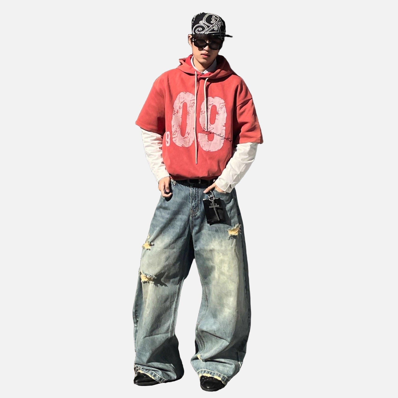 Distressed Number Graphic Layered Hoodie