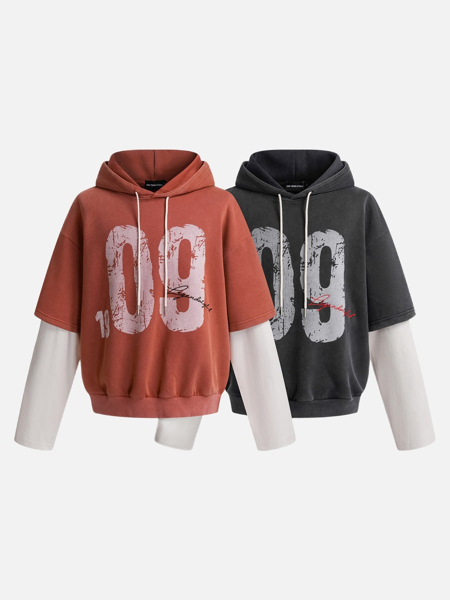 Distressed Number Graphic Layered Hoodie