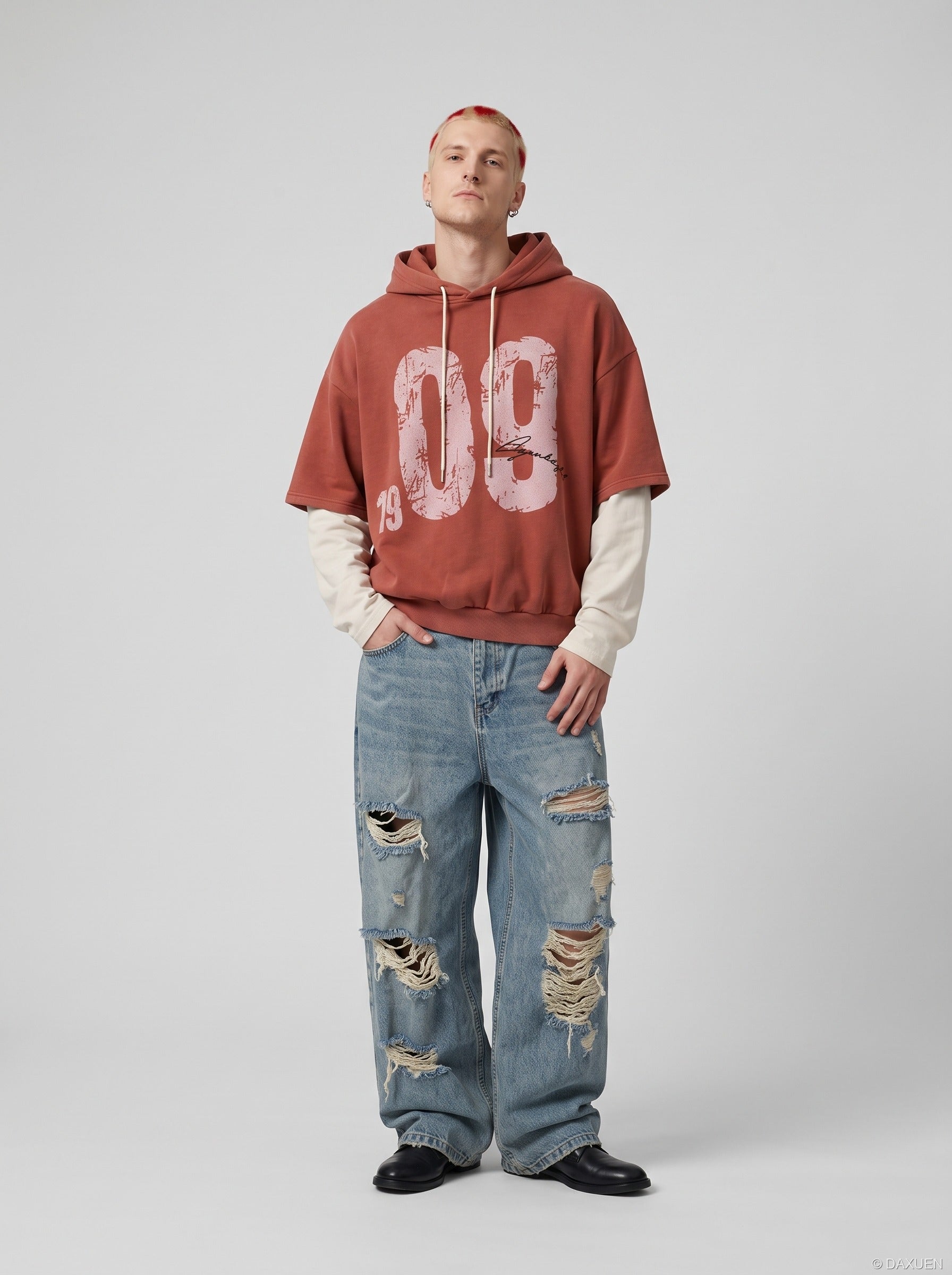 Distressed Number Graphic Layered Hoodie