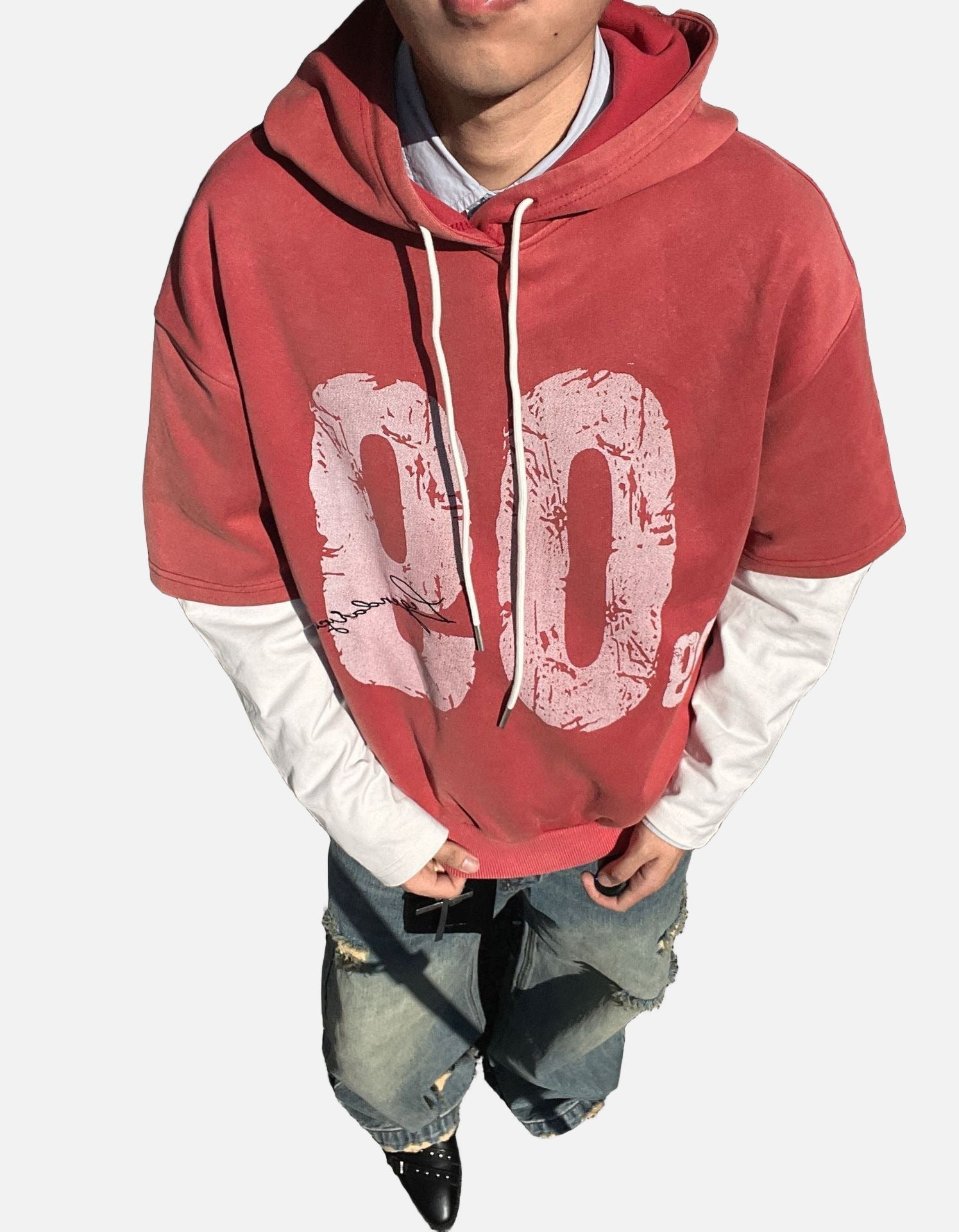 Distressed Number Graphic Layered Hoodie