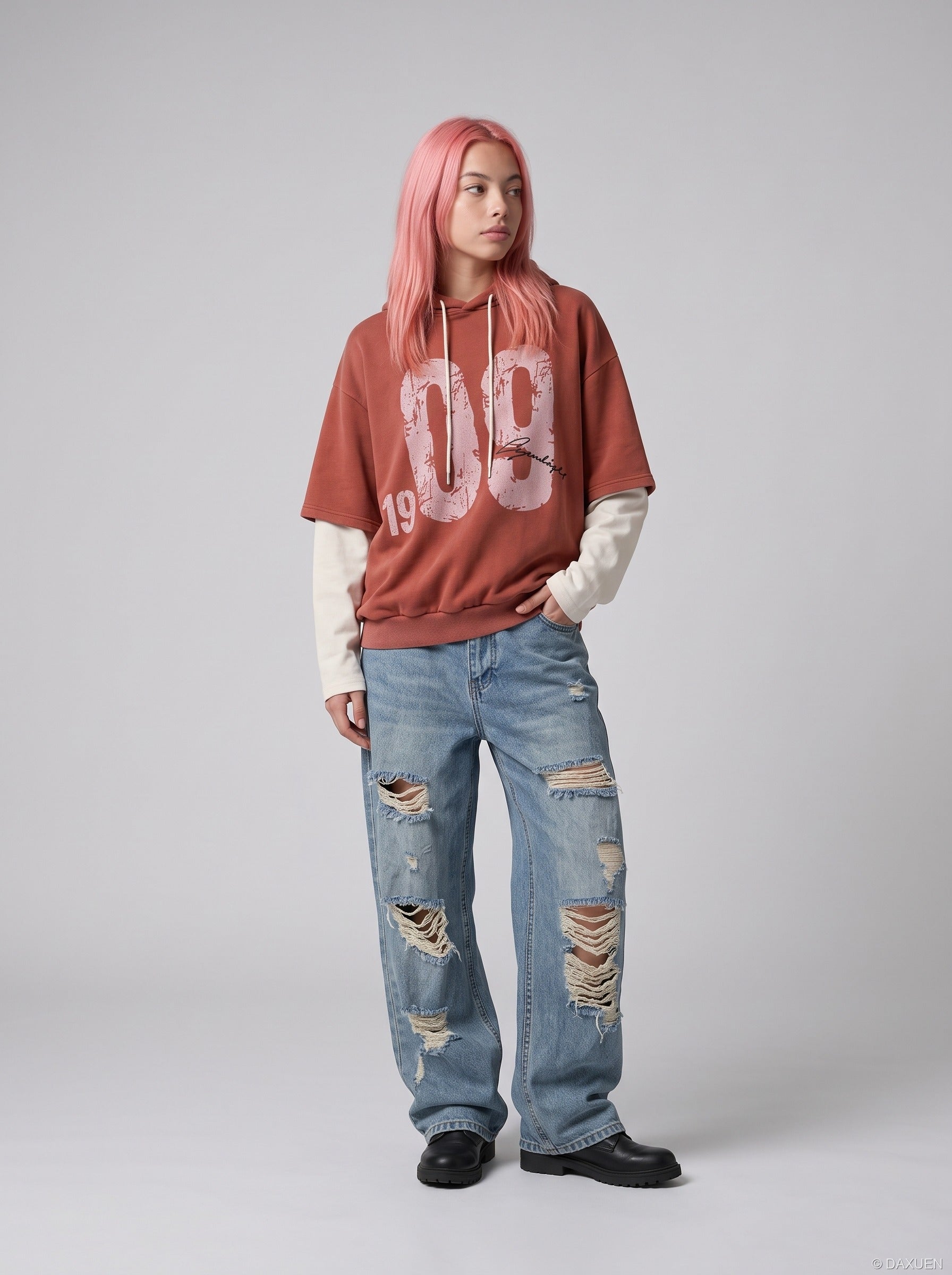 Distressed Number Graphic Layered Hoodie