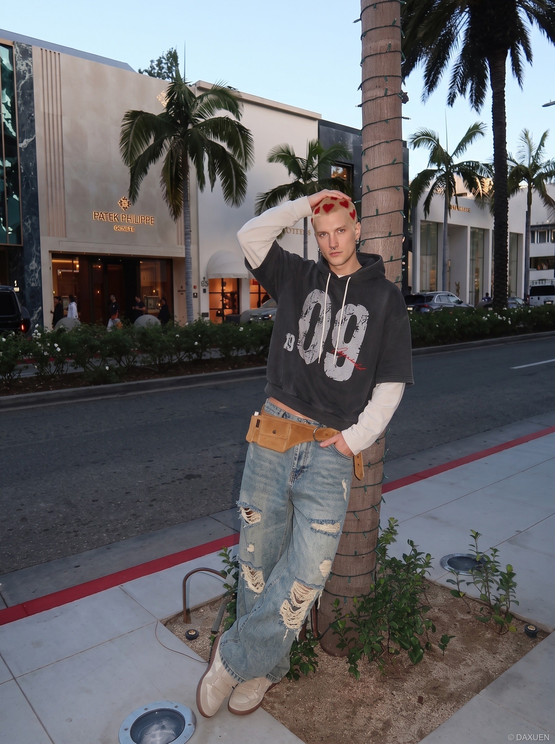 Distressed Number Graphic Layered Hoodie