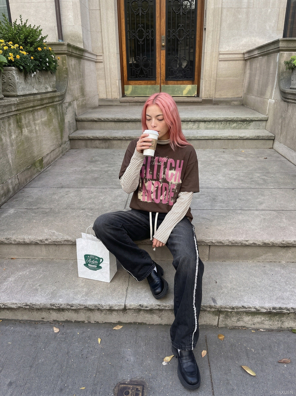 Distressed Pink Block Graphic Layered Tee