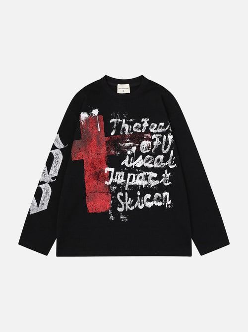 Distressed Red Cross Graphic Long-Sleeve Tee - Black / M