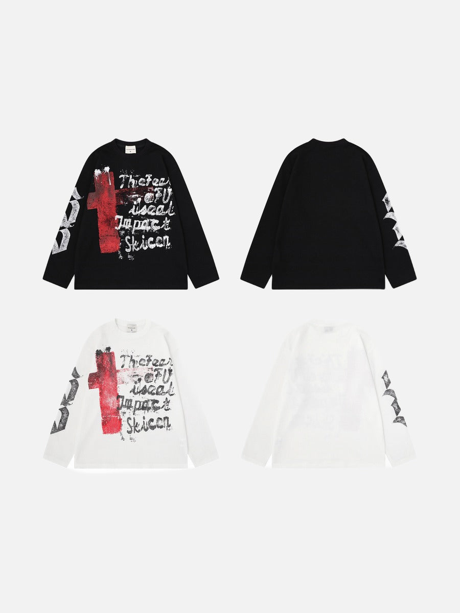 Distressed Red Cross Graphic Long-Sleeve Tee