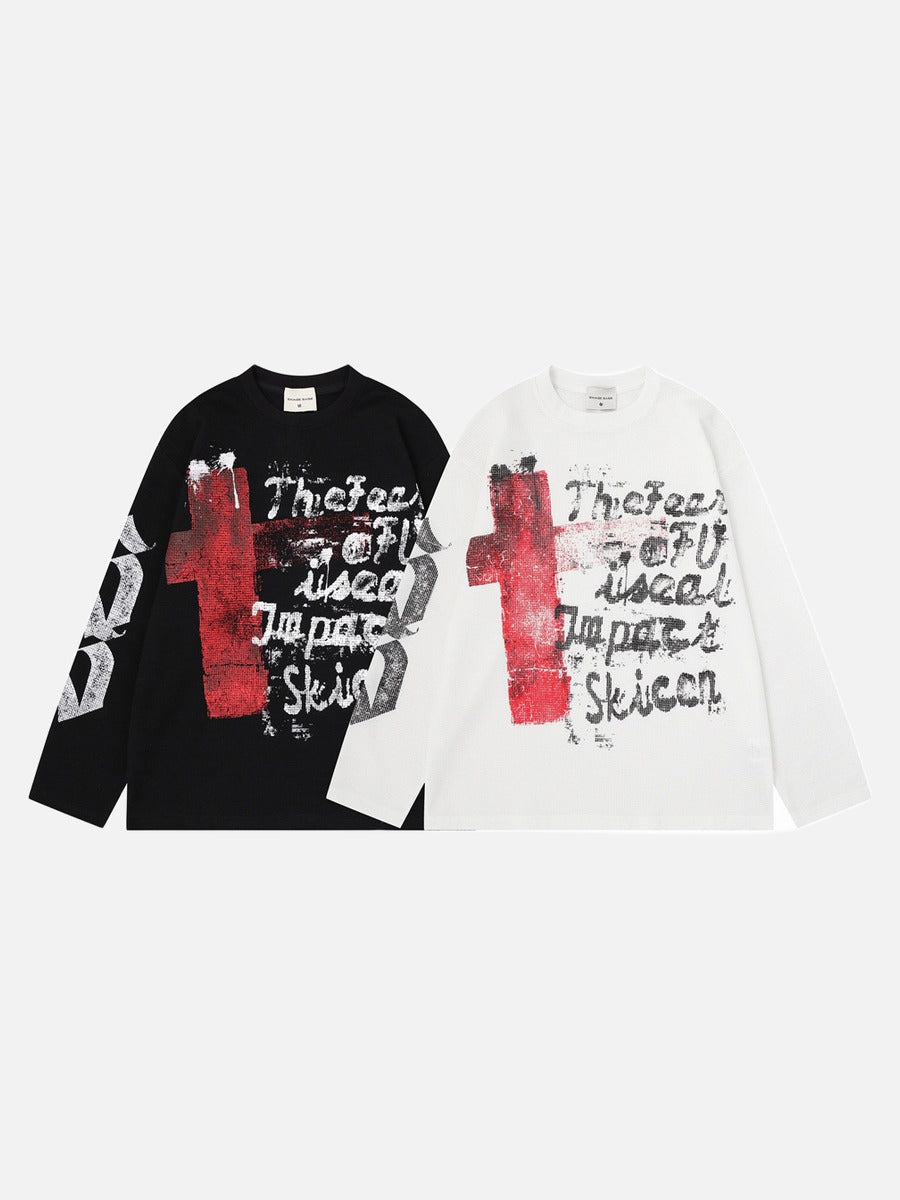 Distressed Red Cross Graphic Long-Sleeve Tee