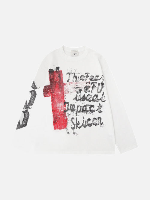 Distressed Red Cross Graphic Long-Sleeve Tee - White / M