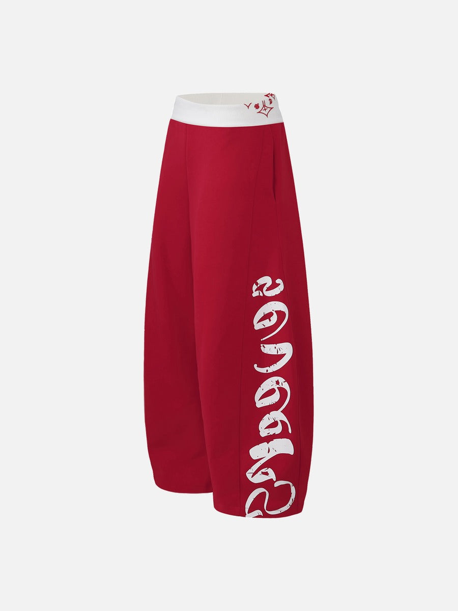 DAXUEN red wide-leg pants with distressed script graphic