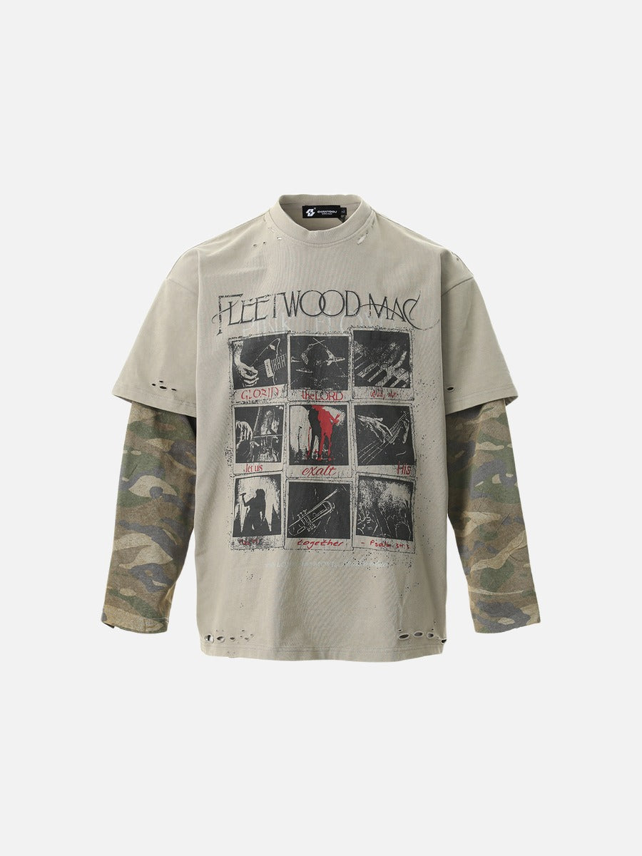 Distressed Taupe Overlay with Camouflage Long Sleeve T-Shirt