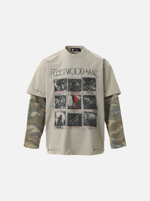 Distressed Taupe Overlay with Camouflage Long Sleeve T-Shirt - Grey / S