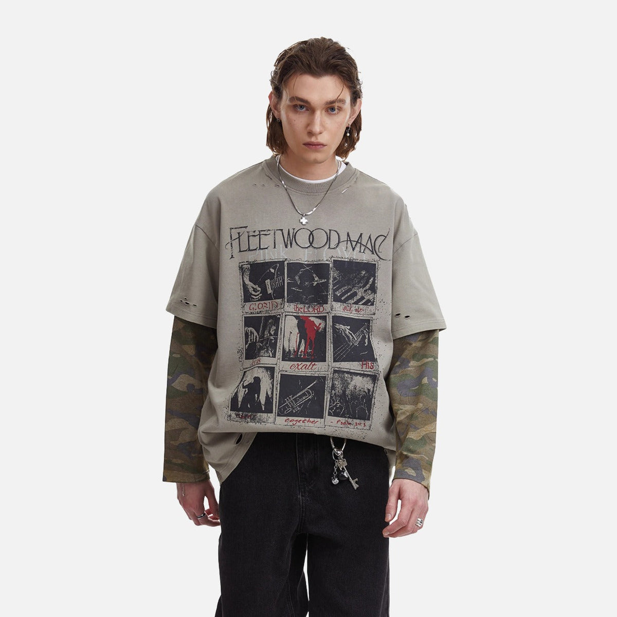 Distressed Taupe Overlay with Camouflage Long Sleeve T-Shirt