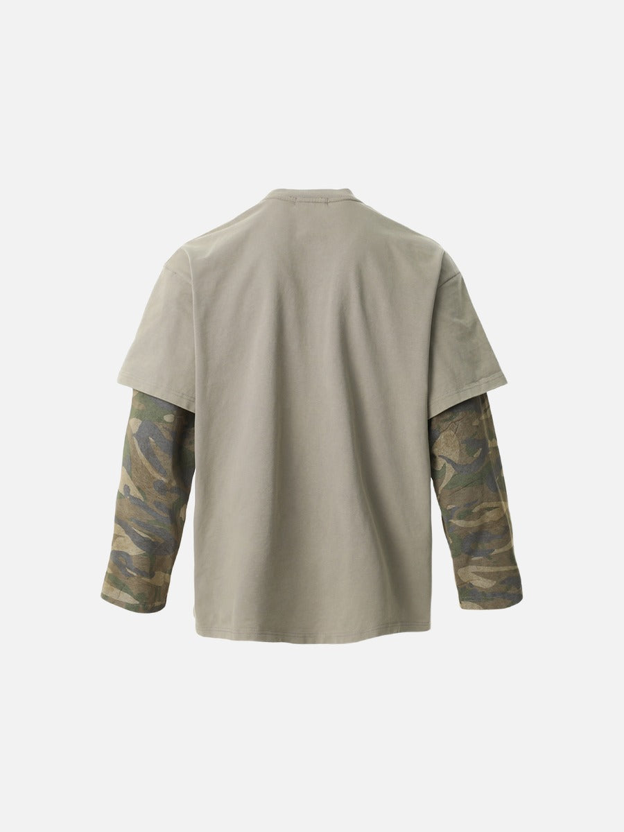 Distressed Taupe Overlay with Camouflage Long Sleeve T-Shirt