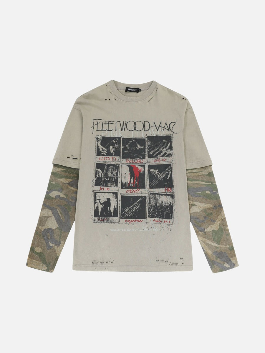 Distressed Taupe Overlay with Camouflage Long Sleeve T-Shirt