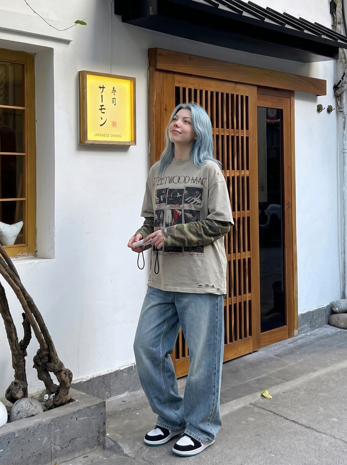 Distressed Taupe Overlay with Camouflage Long Sleeve T-Shirt