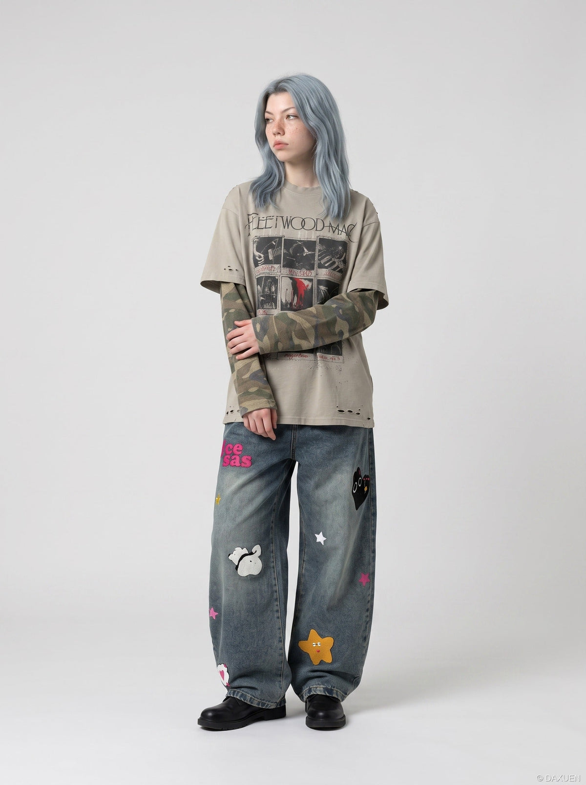 Distressed Taupe Overlay with Camouflage Long Sleeve T-Shirt