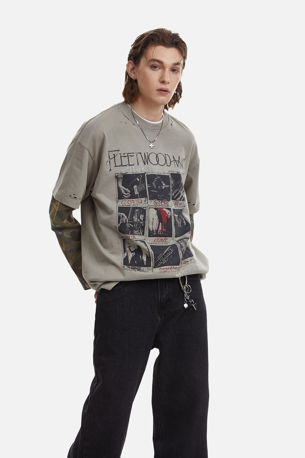 Distressed Taupe Overlay with Camouflage Long Sleeve T-Shirt