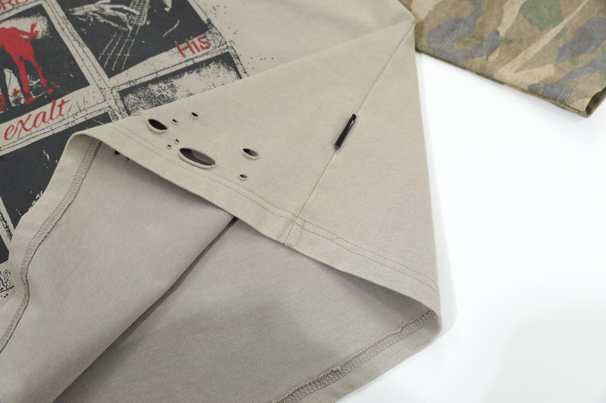 Distressed Taupe Overlay with Camouflage Long Sleeve T-Shirt