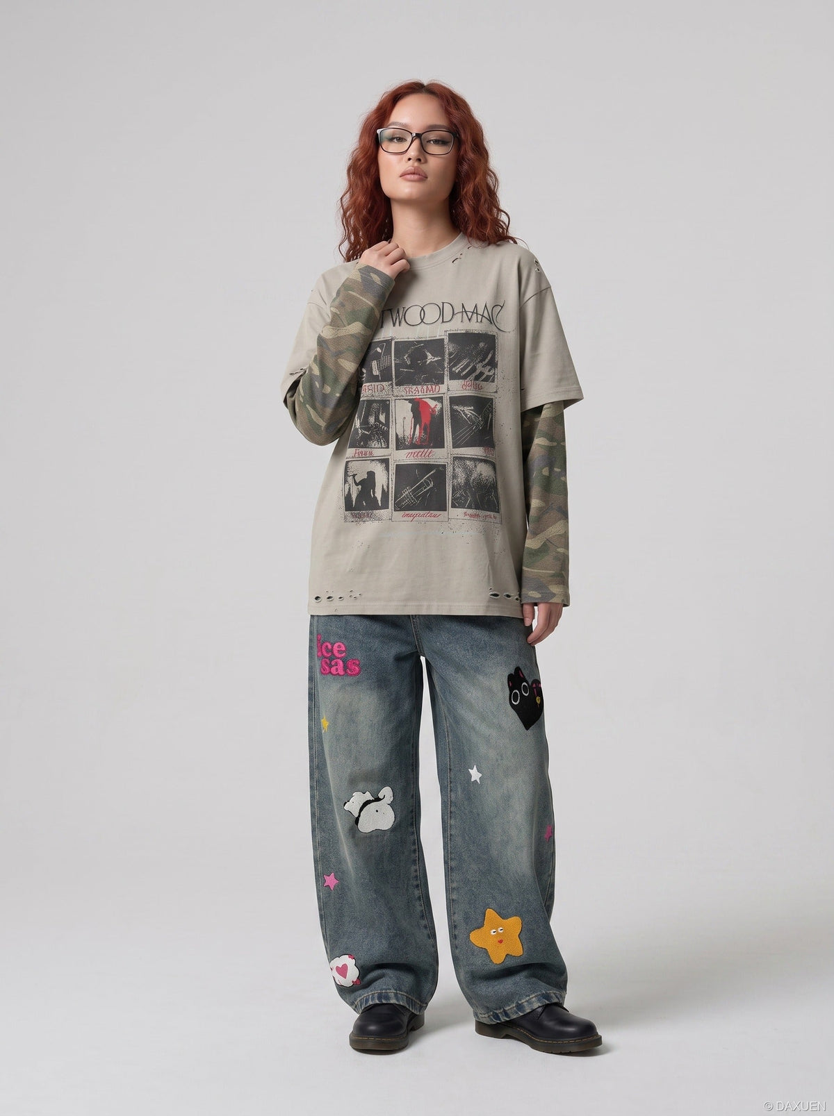 Distressed Taupe Overlay with Camouflage Long Sleeve T-Shirt