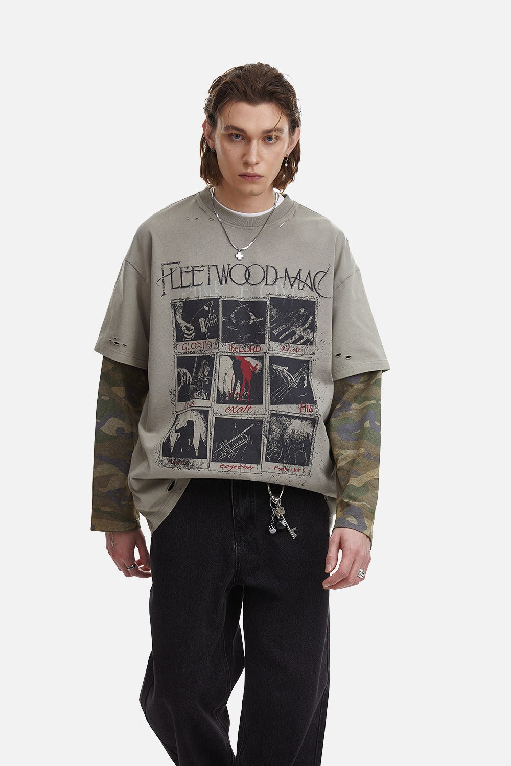 Distressed Taupe Overlay with Camouflage Long Sleeve T-Shirt