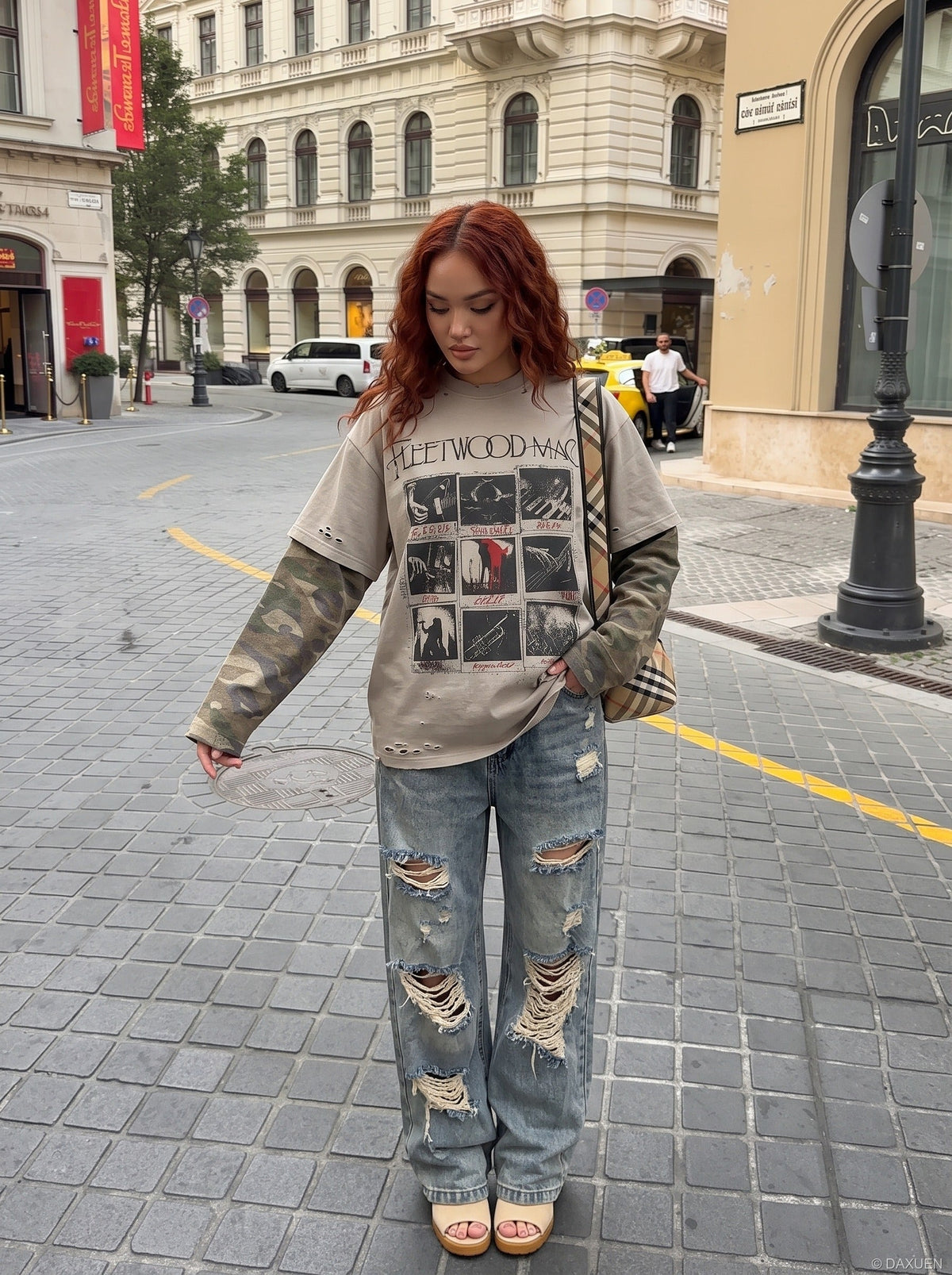 Distressed Taupe Overlay with Camouflage Long Sleeve T-Shirt