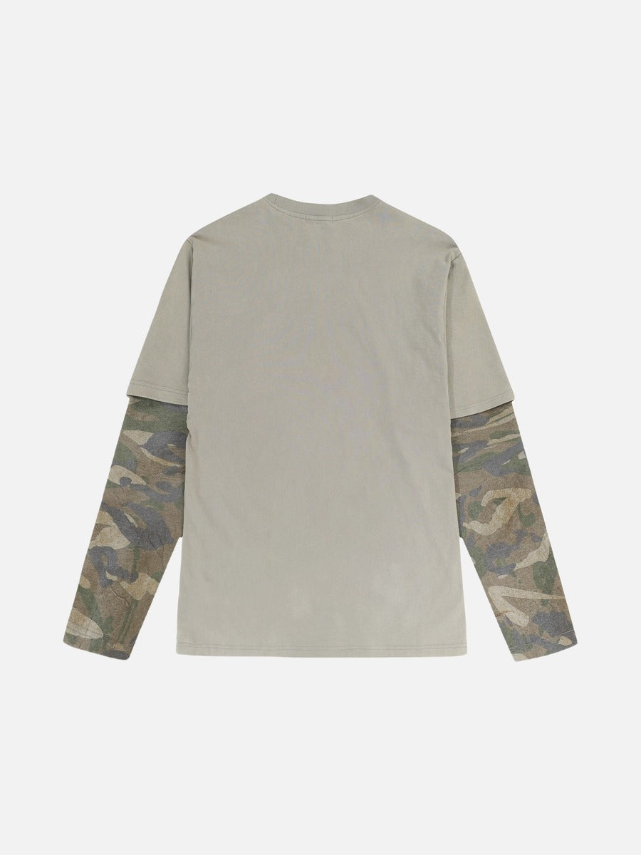 Distressed Taupe Overlay with Camouflage Long Sleeve T-Shirt