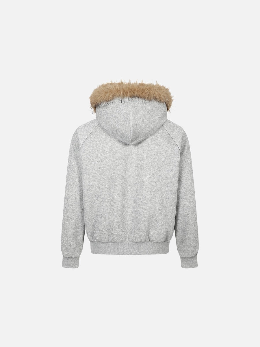 Distressed Union Jack Fur-Trim Hoodie