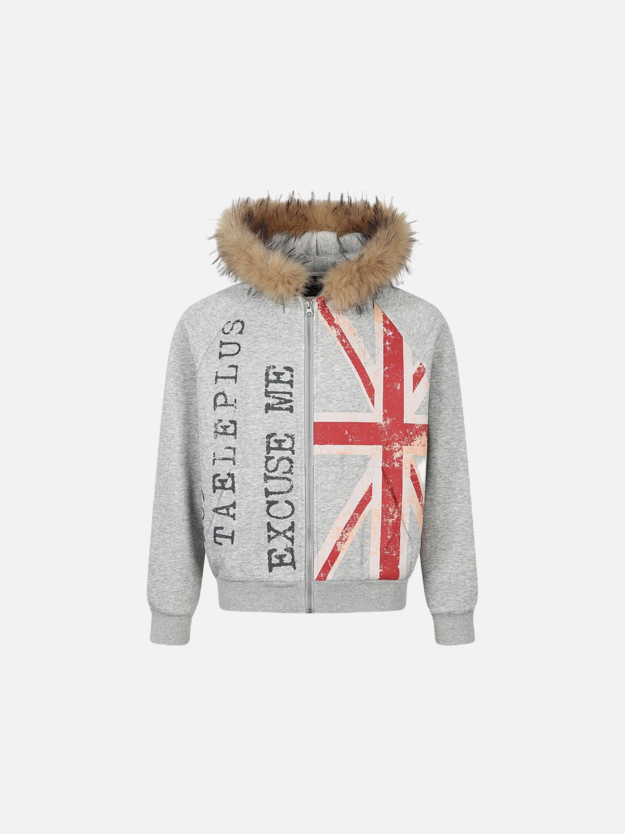 Distressed Union Jack Fur-Trim Hoodie