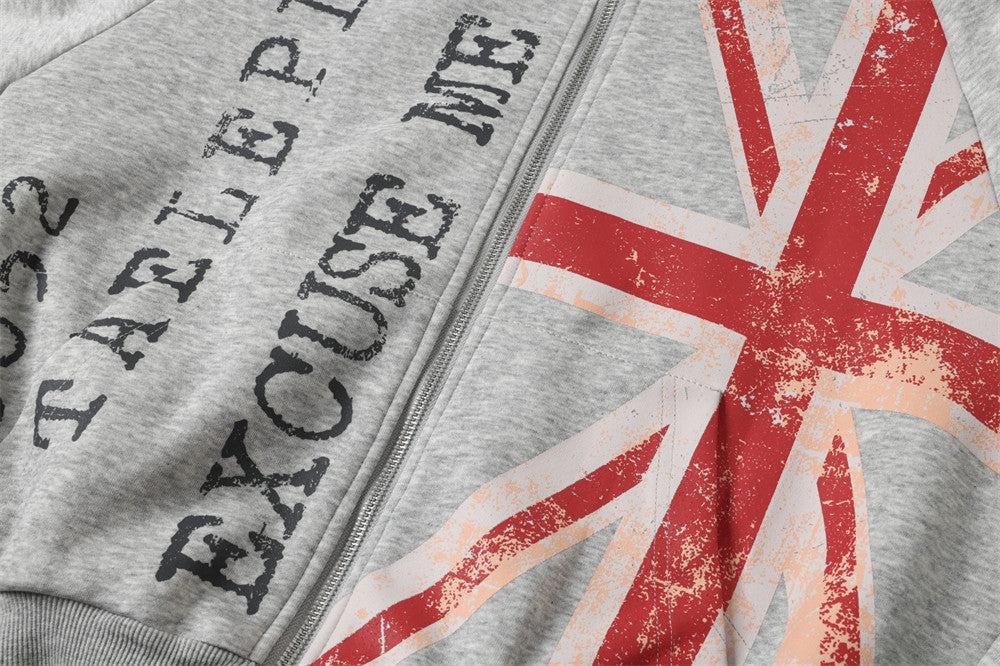Distressed Union Jack Fur-Trim Hoodie