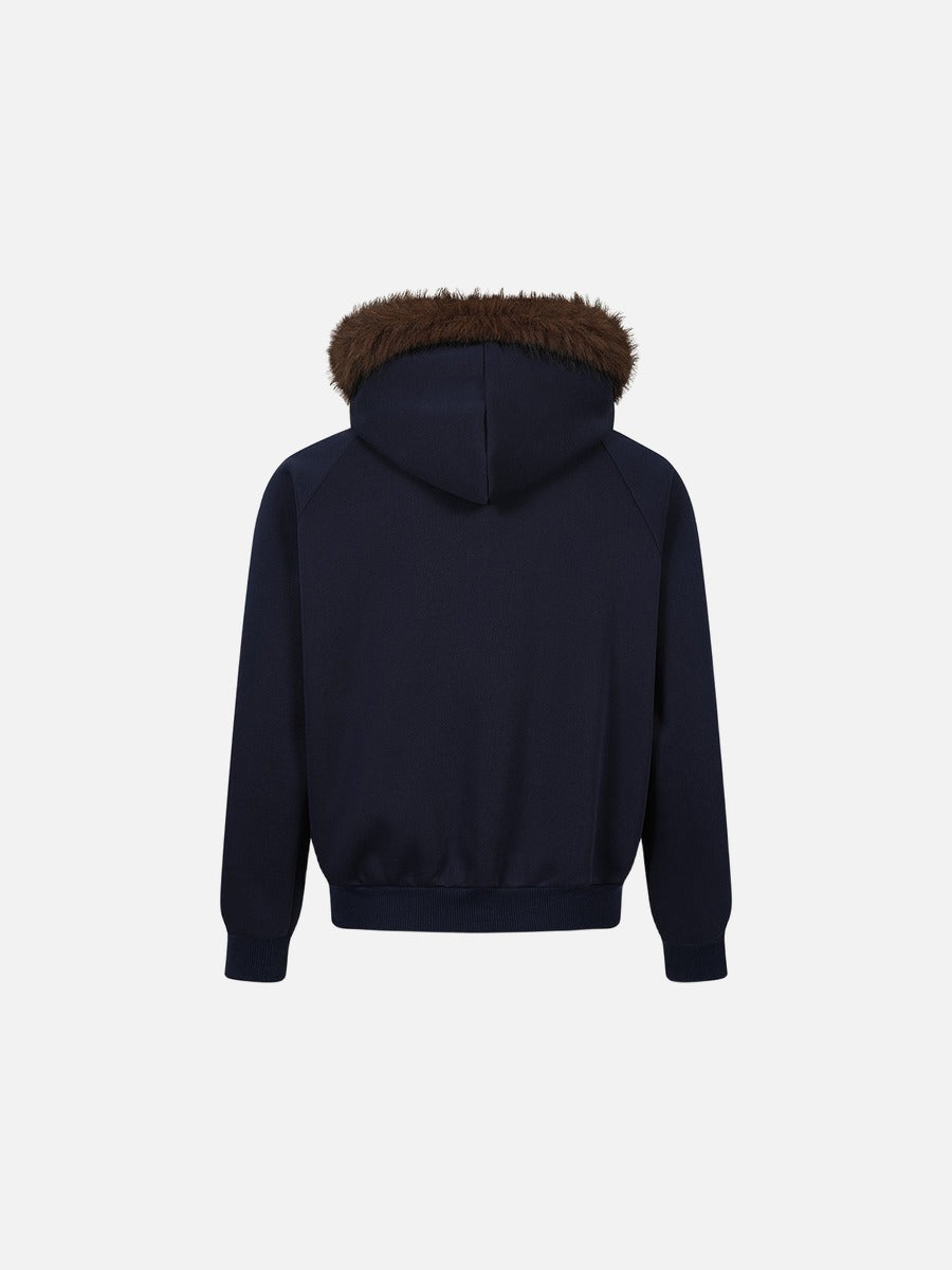 Distressed Union Jack Fur-Trim Hoodie
