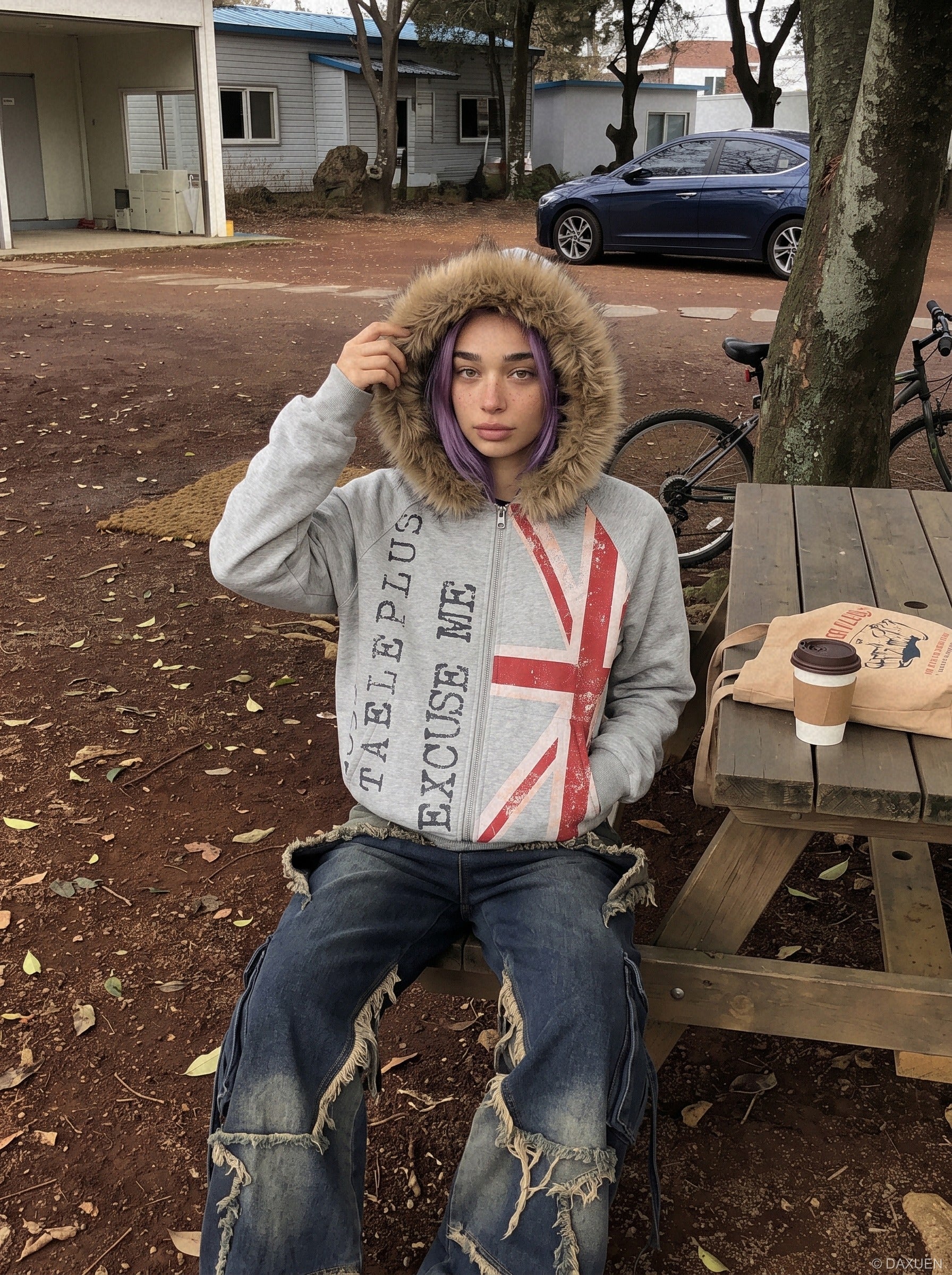 Distressed Union Jack Fur-Trim Hoodie