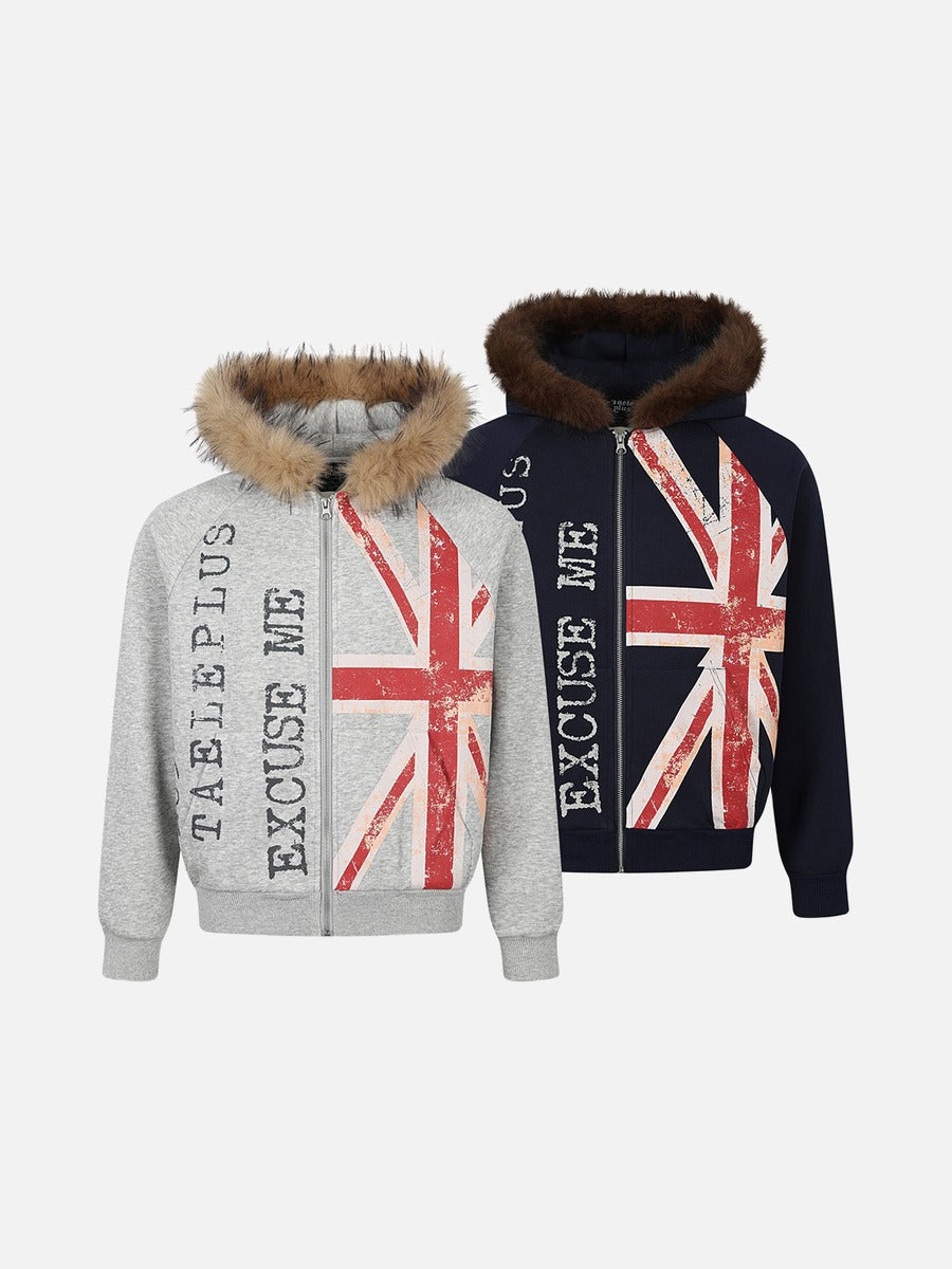 Distressed Union Jack Fur-Trim Hoodie