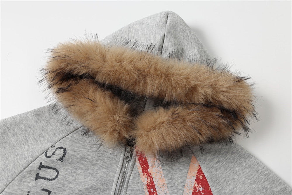 Distressed Union Jack Fur-Trim Hoodie