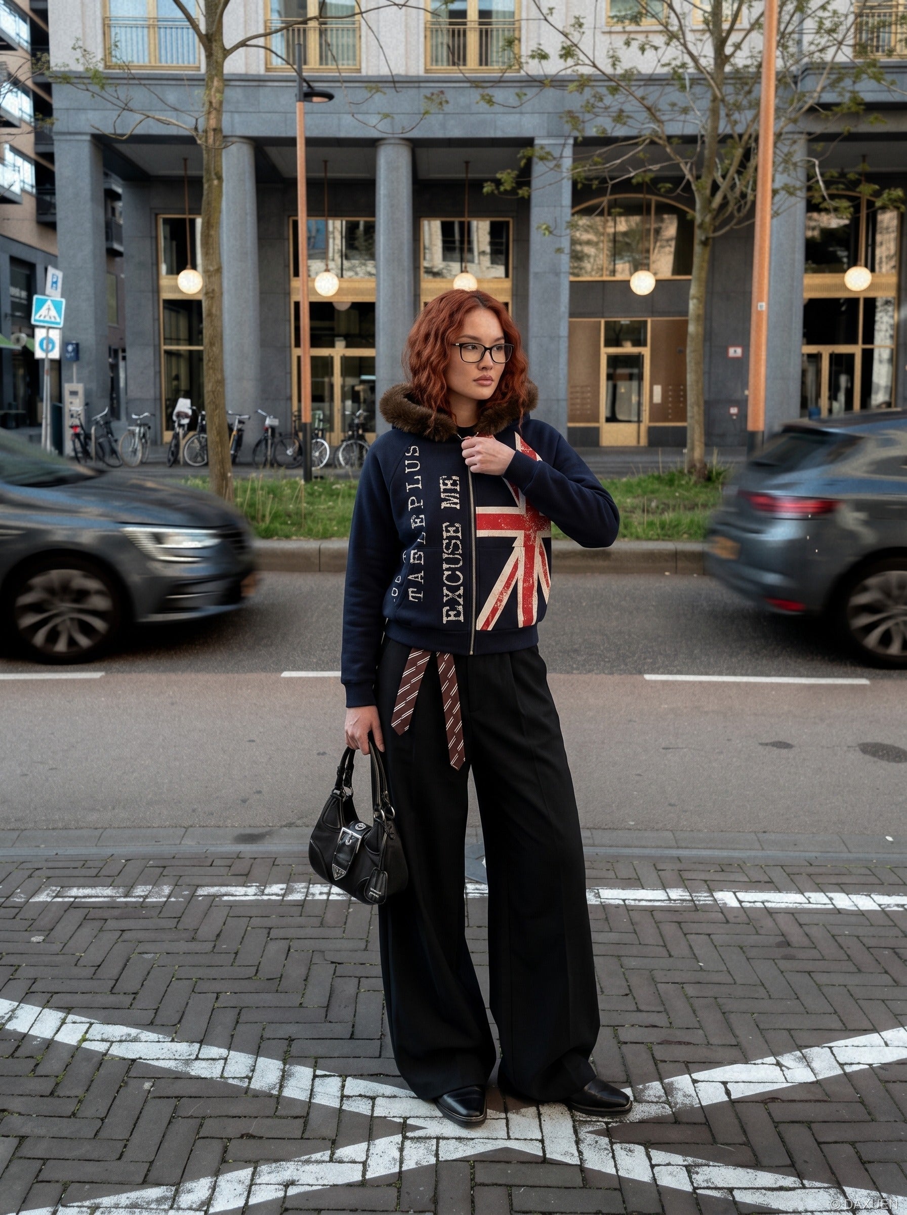 Distressed Union Jack Fur-Trim Hoodie