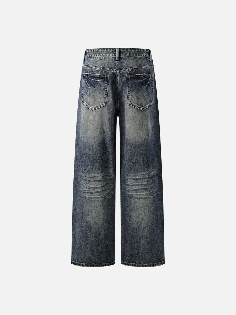 Distressed Vintage Blue Wide-Leg Jeans