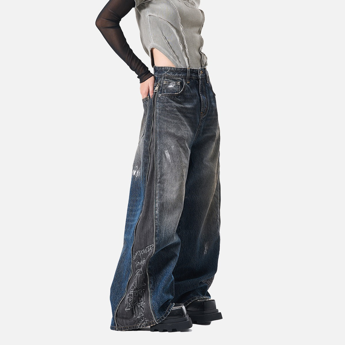 Distressed Wide-Leg Denim with Abstract Panels Jeans